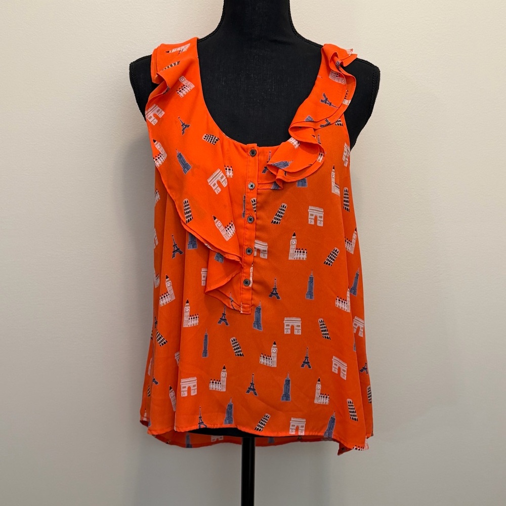 Anthropologie Maeve Aurélie Tank Women's 4 Orange Ruffle Blouse Europe Landmarks